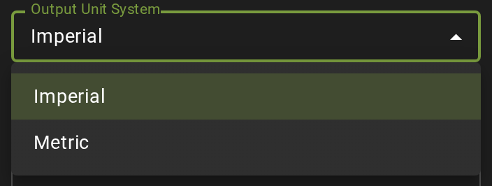 The Output Unit System dropdown open with Imperial selected and Metric below it