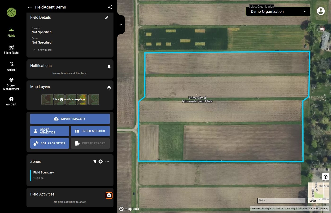 The FieldAgent Demo field view with the plus icon of the Field Activities module outlined; the module reads No field activities to show