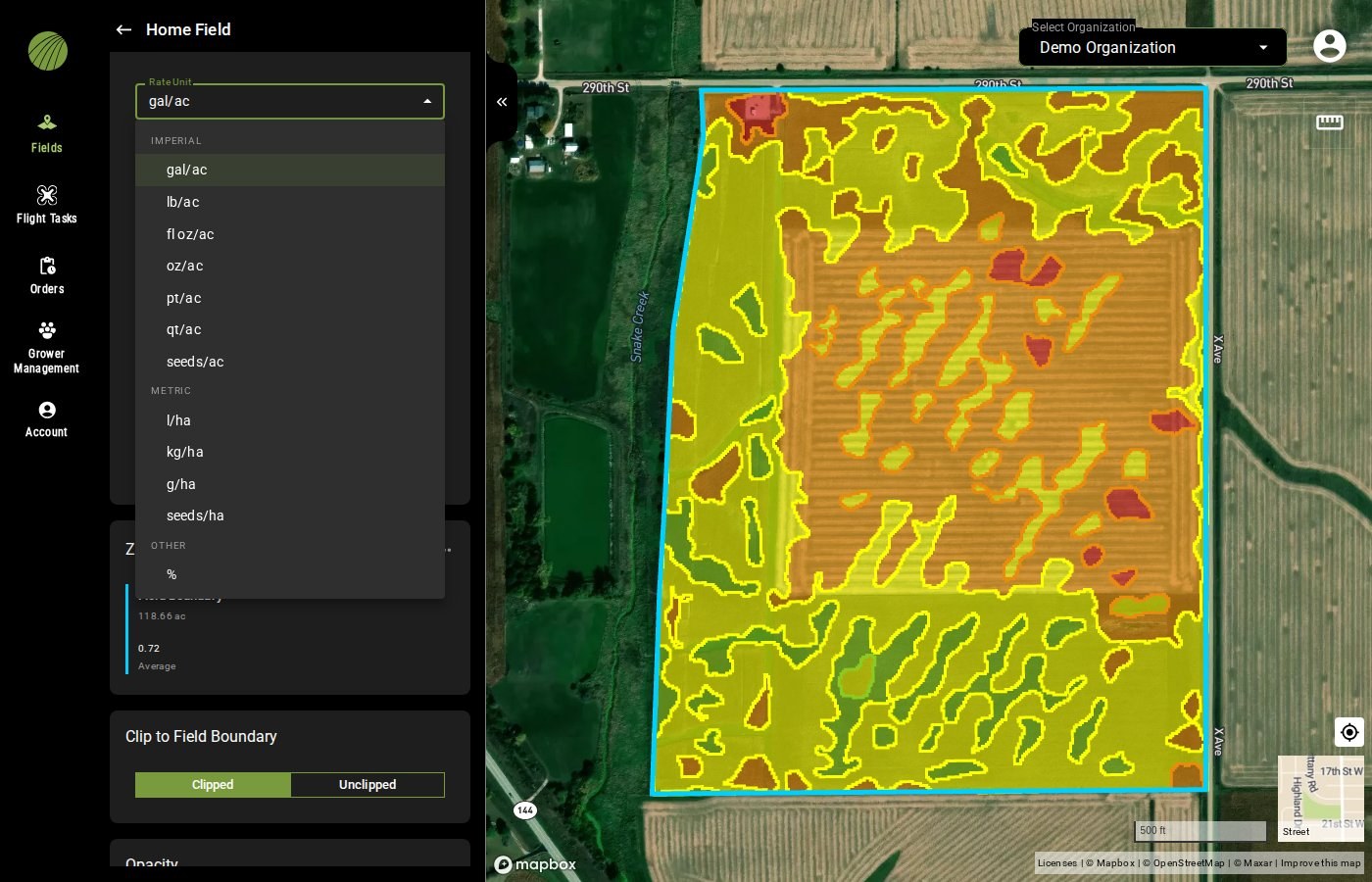 The Rate Unit menu open on gal/ac, listing the imperial units gal/ac, lb/ac, fl oz/ac, oz/ac, pt/ac, qt/ac and seeds/ac, the metric units l/ha, kg/ha, g/ha and seeds/ha, and % under Other