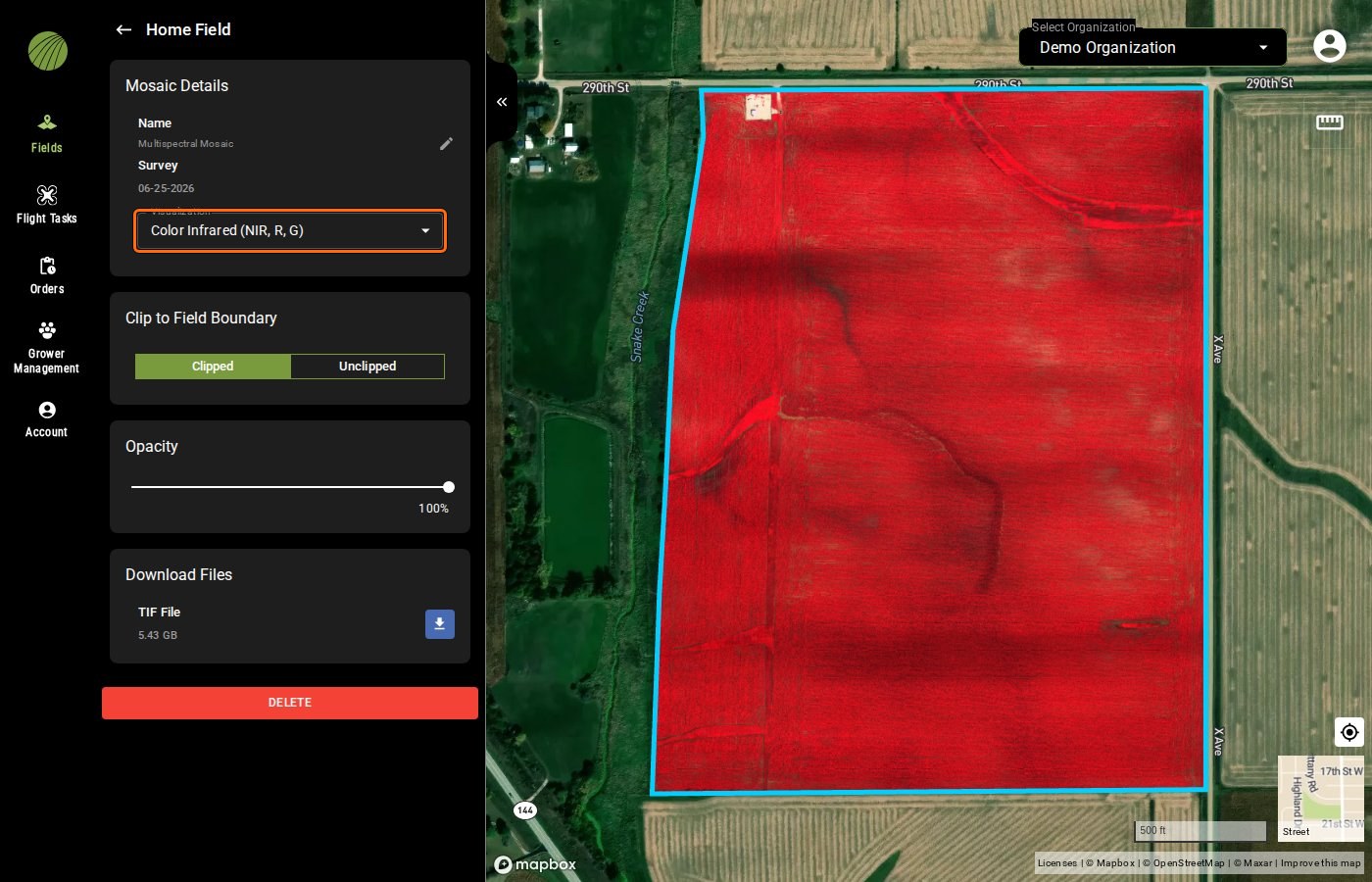 The details of Home Field's Multispectral Mosaic with Visualization set to Color Infrared (NIR, R, G) and outlined: below it only Clip to Field Boundary, Opacity, Download Files and DELETE