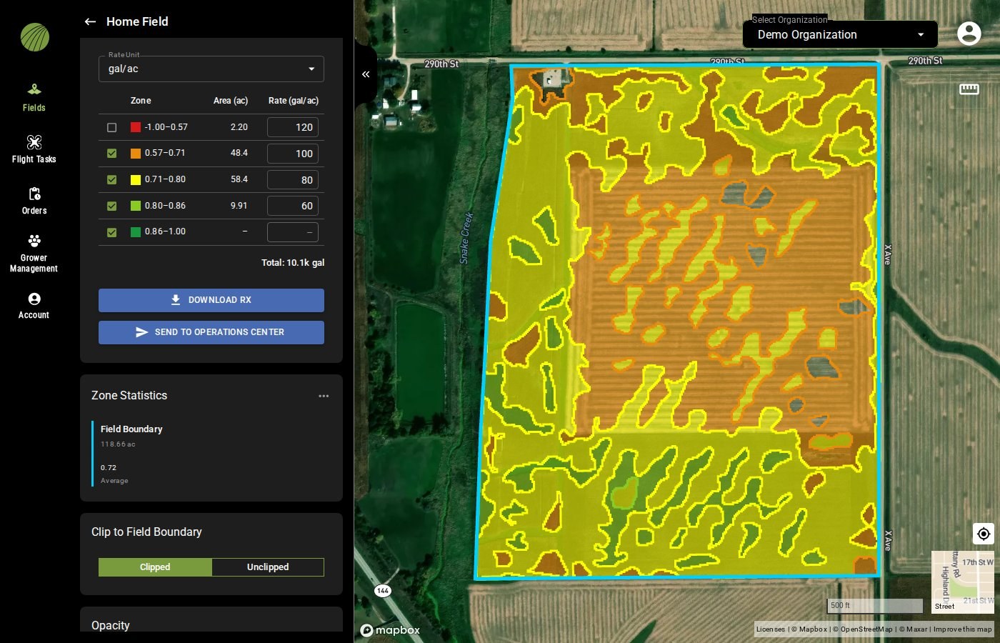 The zone table with rates of 120, 100, 80 and 60 gal/ac, the red -1.00–0.57 zone unchecked and grayed out on the map, the 0.86–1.00 zone with a dash, Total: 10.1k gal, and DOWNLOAD RX and SEND TO OPERATIONS CENTER enabled