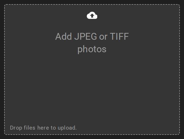 The empty Add JPEG or TIFF photos box with an upload icon and Drop files here to upload.