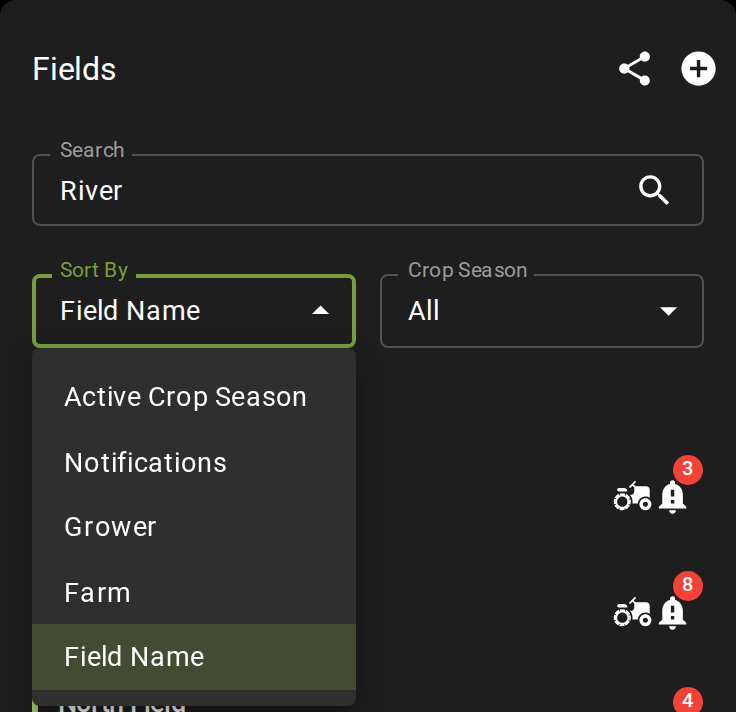 The Fields panel with the Sort By menu open: Active Crop Season, Notifications, Grower, Farm and Field Name