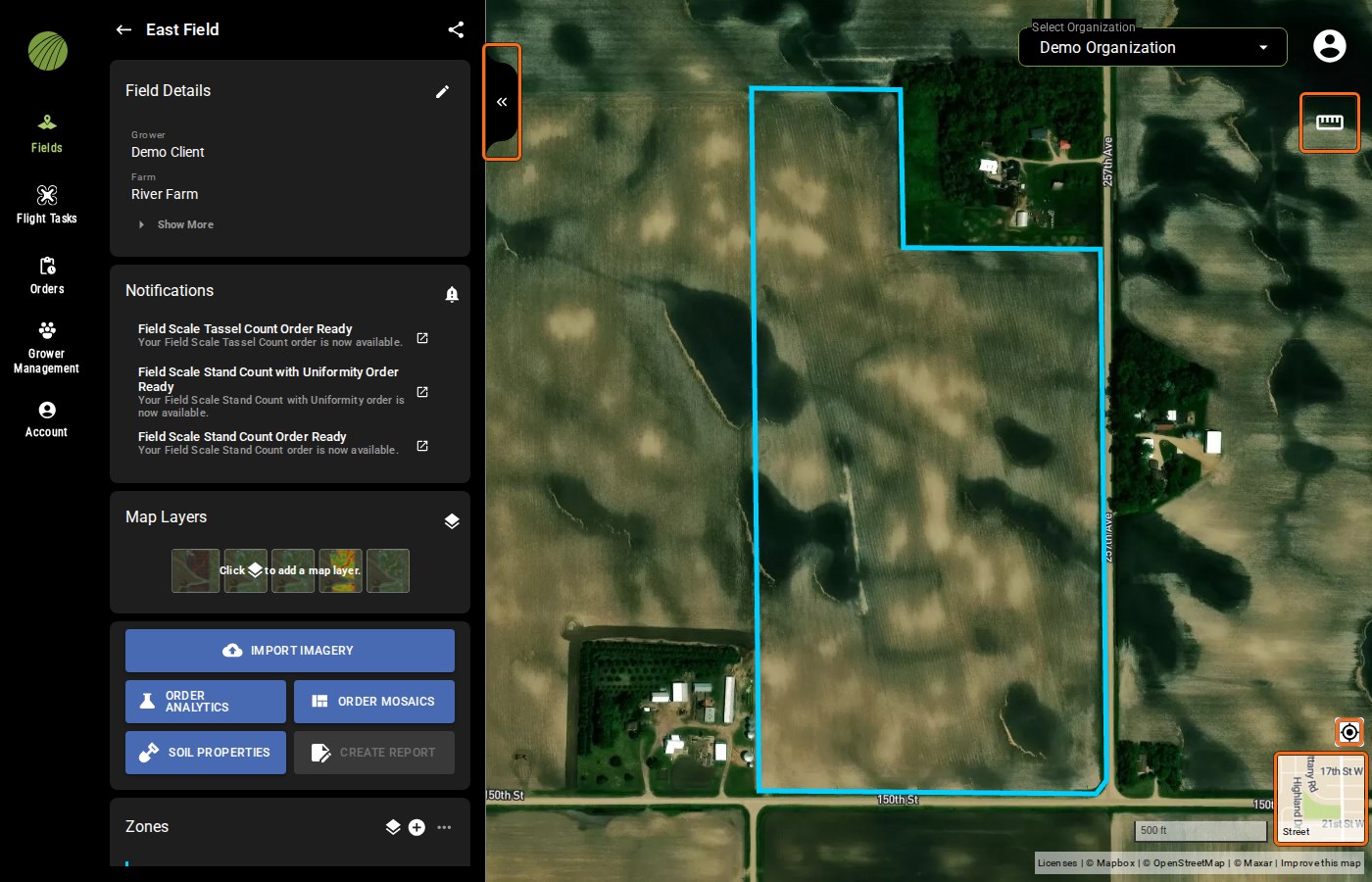 East Field open in FieldAgent Web with four map controls outlined: the double chevron at the left edge of the map, the ruler icon at the top right, and the locate icon and the Street thumbnail at the bottom right