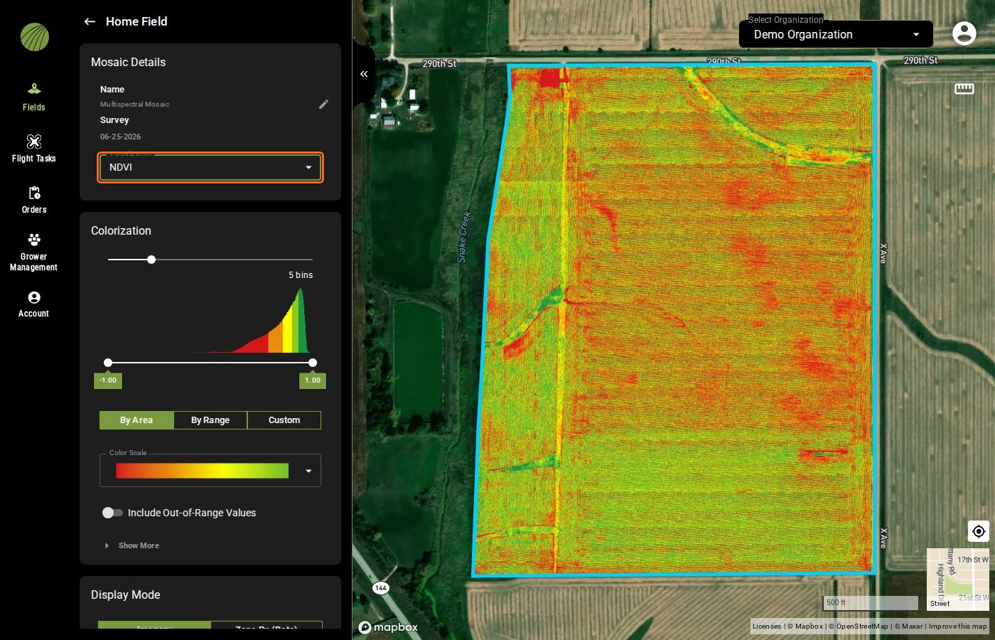 The same mosaic with Visualization set to NDVI and outlined: the panel now shows Colorization with a five-bin histogram, By Area and the red-to-green Color Scale, and Display Mode below